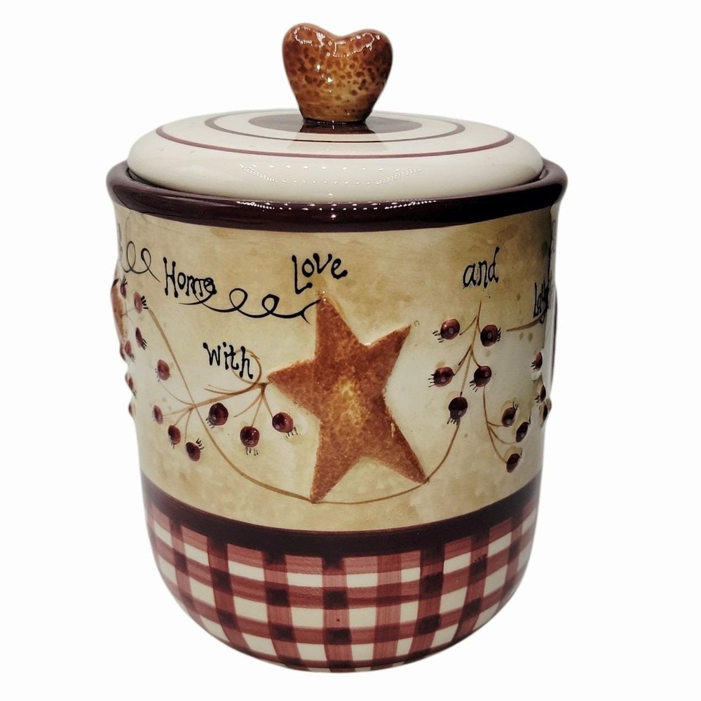 Linda Spivey - Vtg Expressions Hearts‎ & Stars Canister Gingham Primitive Small